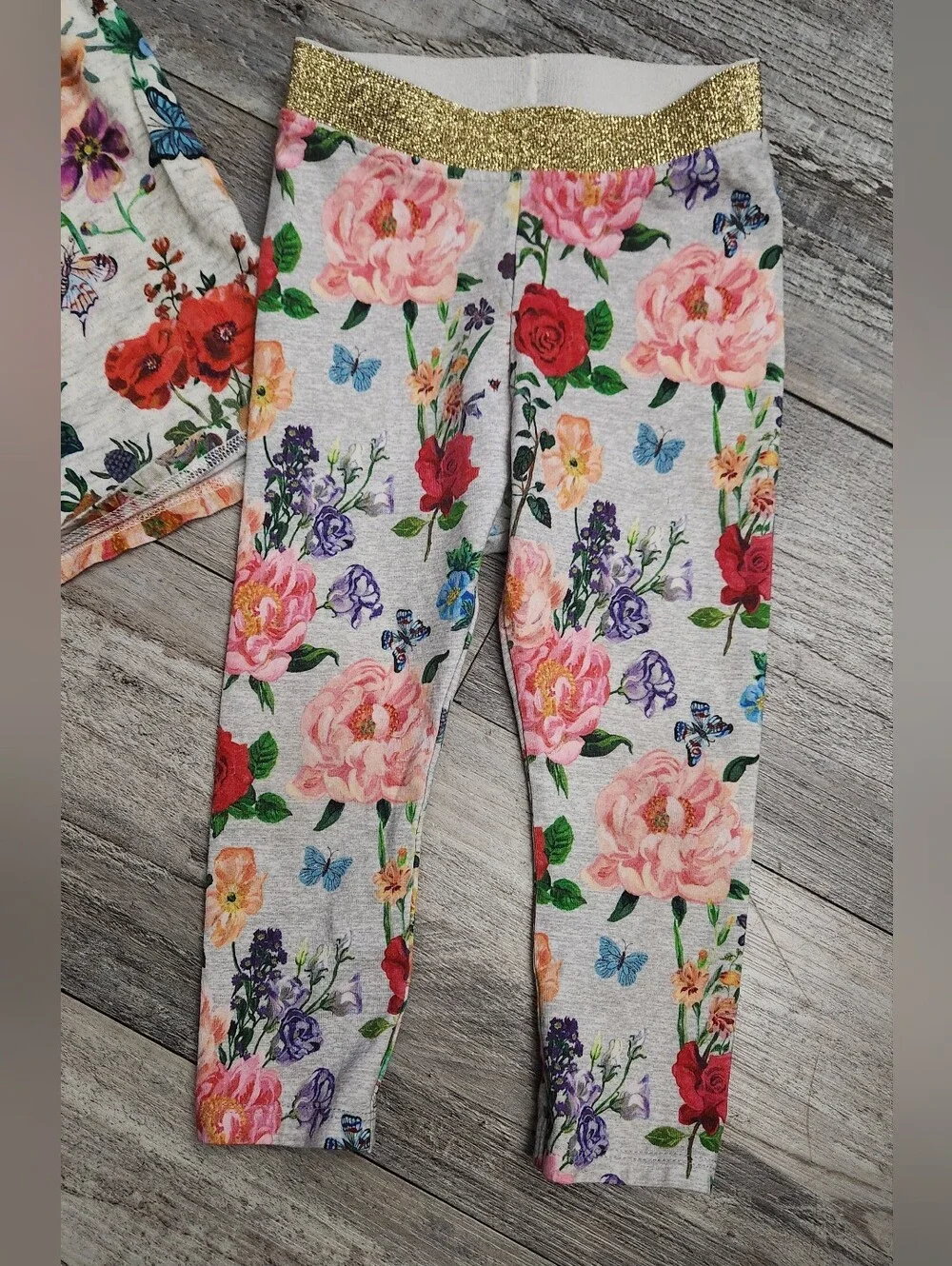 H&M Pale Pink Floral Tee and Leggings Set with Gold Accent